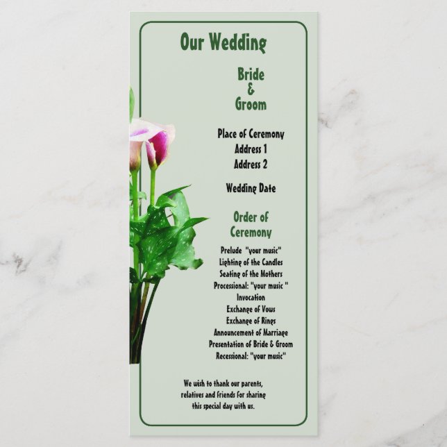 Programme de mariage Calla Lilies rose et blanc (Devant)
