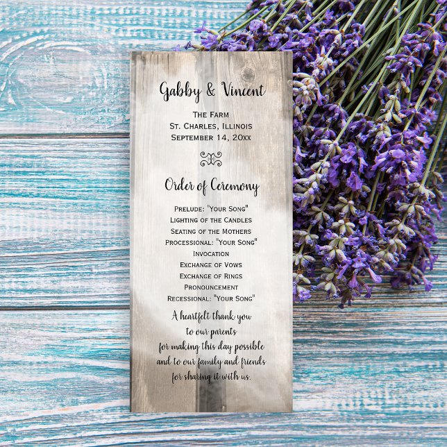 Programme de Mariage campagnard en bois de la gran (Give the guests of your barn wedding the order of ceremony with this rustic program.)