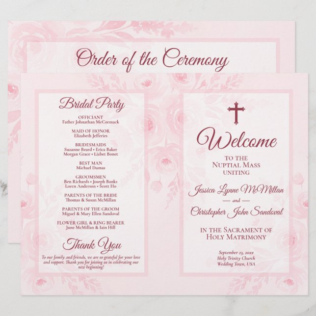 Programme de mariage catholique pliable DIY floral (Devant / Derrière)