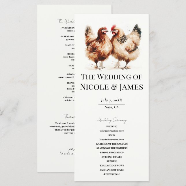 Programme de mariage champêtre à l'aquarelle Poule (Devant / Derrière)