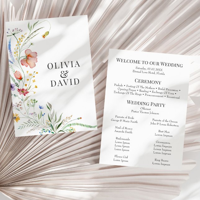 Programme de mariage champêtre bohème aux fleurs s (Boho Wildflower Meadow Wedding Program on a sunny dry white palm leaf.)