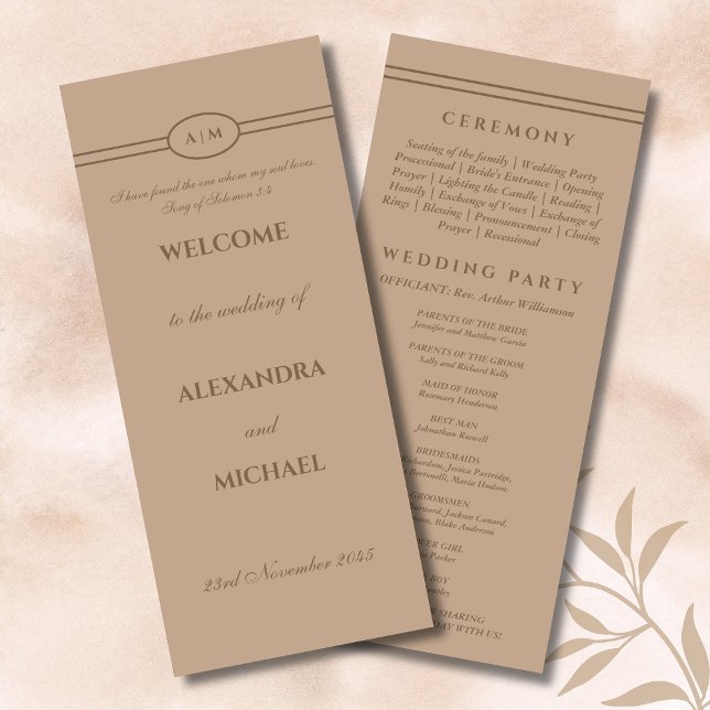 Programme de mariage chrétien Brun Taupe Monogramm (Créateur téléchargé)