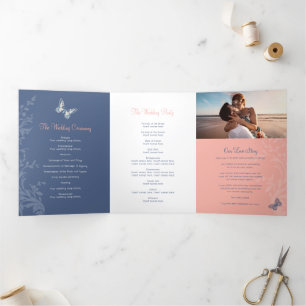 Programme de mariage corail et papillons bleu fonc