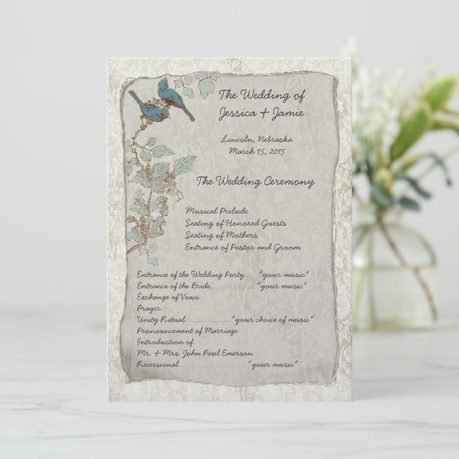 Programme de Mariage damassé pour les oiseaux Turq (Debout devant)