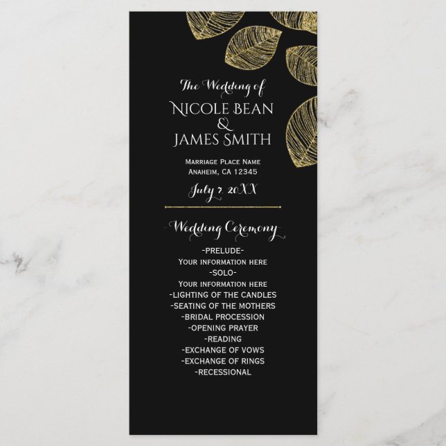Programme de mariage d'automne noir Feuille d'or (Devant)