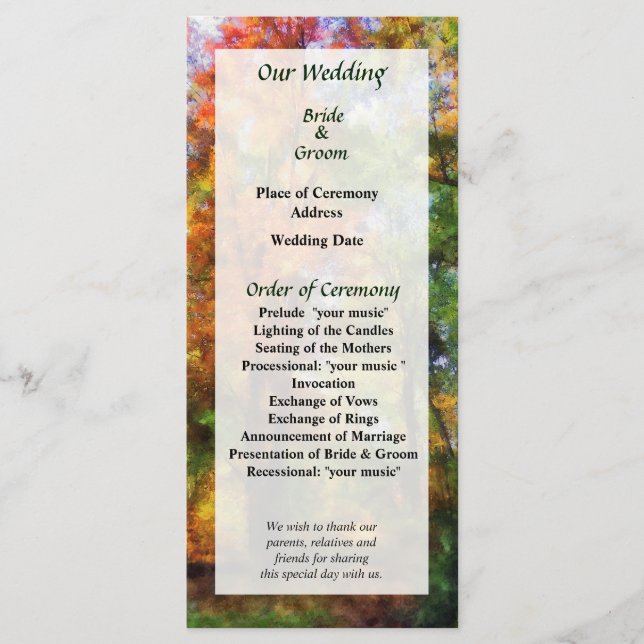 Programme de mariage de Bois Automne (Devant)