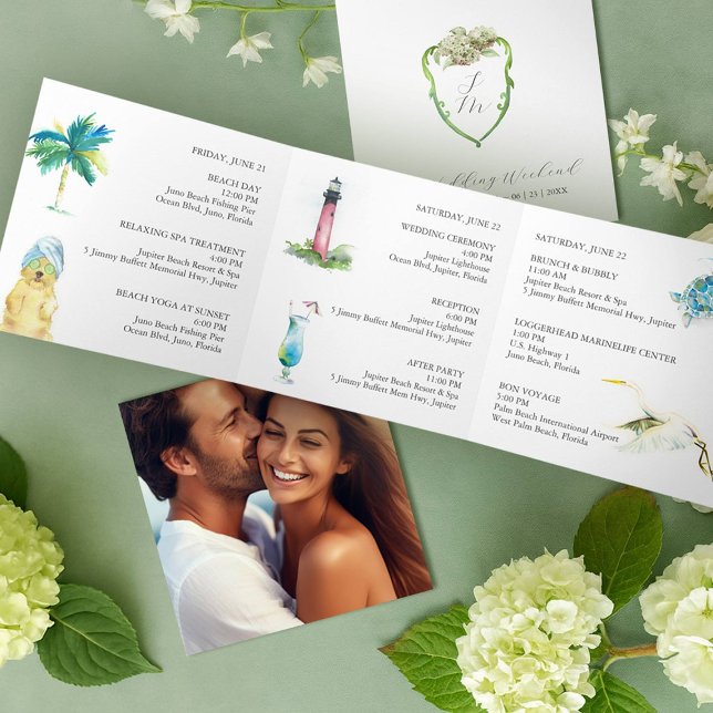 Programme de mariage de l'Hortensia vert (Trifold wedding program designed with had painted art Florida watercolor artist Victoria Grigaliunas)