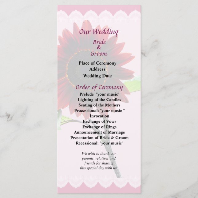 Programme de mariage de tournesol cerise et chocol (Devant)