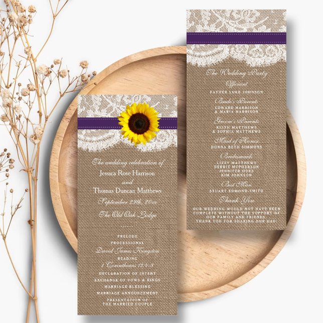 Programme de mariage de tournesol violet rustique (Créateur téléchargé)