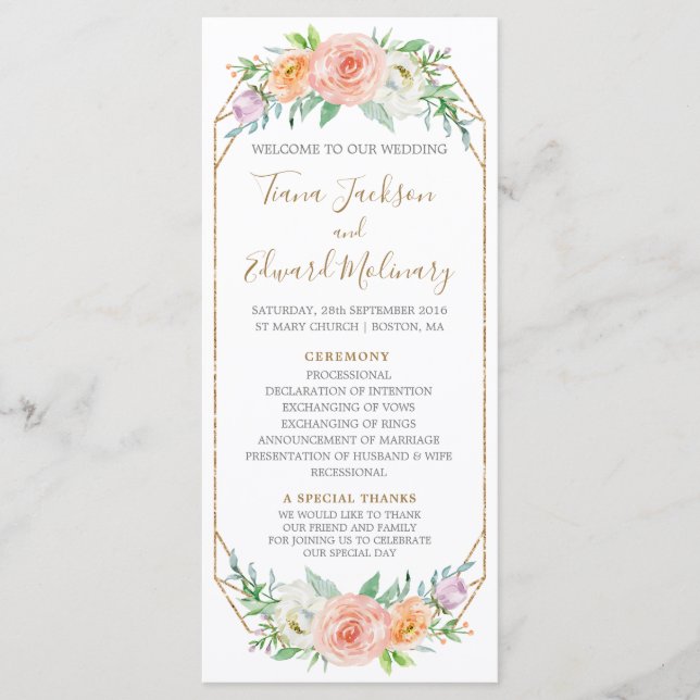 Programme de mariage des fleurs d'aquarelle Geomet (Devant)
