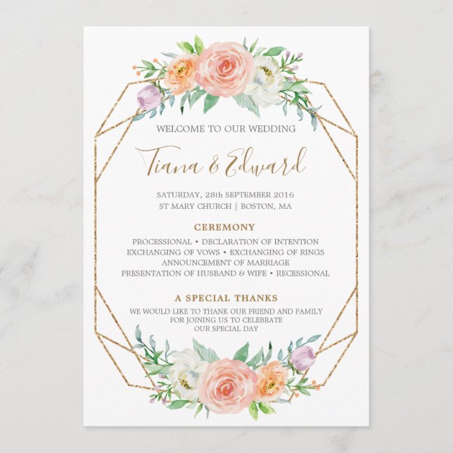 Programme de mariage des fleurs d'aquarelle géomét (Devant)