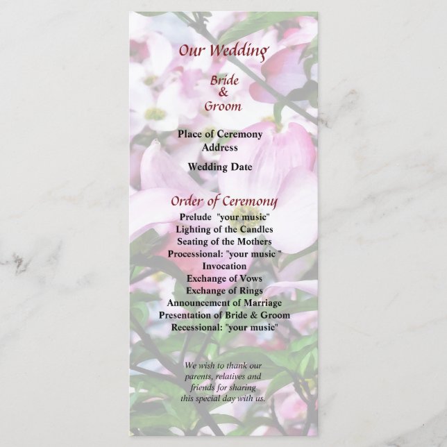 Programme de mariage des fleurs de cornouiller ros (Devant)