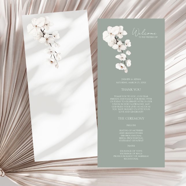 Programme de mariage des orchidées blanches vertes (Modern Sage Green White Orchids Wedding Program)