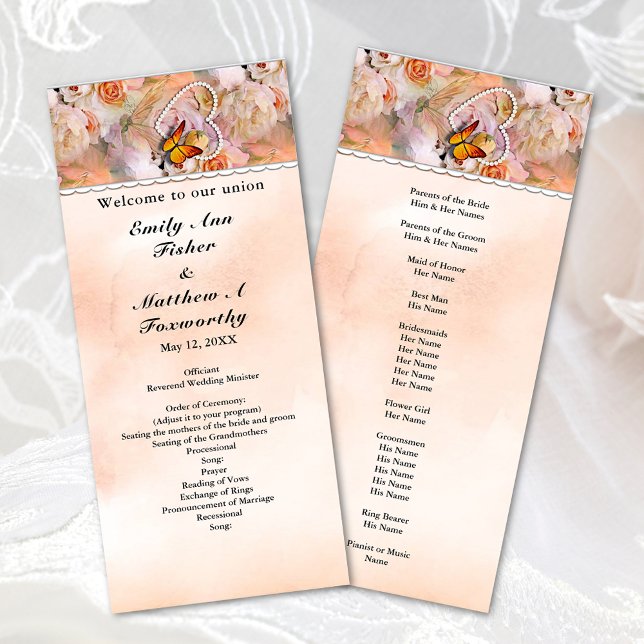 Programme de mariage des perles de papillon Rose d (Heart Floral Rose Butterfly Pearls Wedding Program)