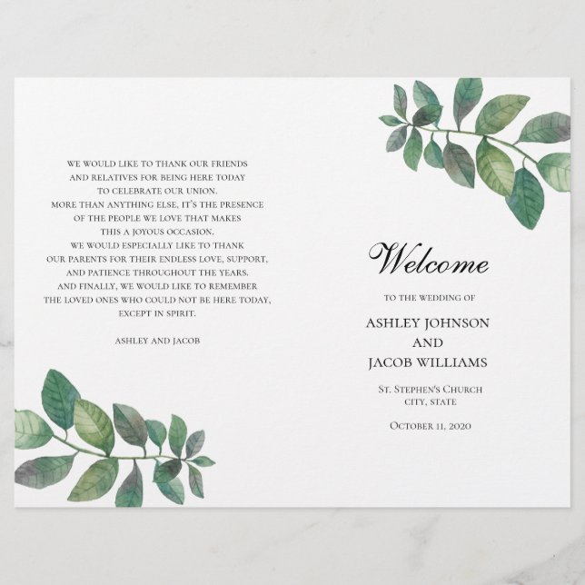 Programme de mariage d'été plié. Feuilles vertes (Devant)