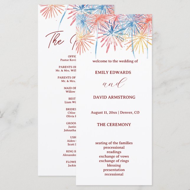 Programme de mariage du 4 juillet Feux d'artifice  (Devant / Derrière)