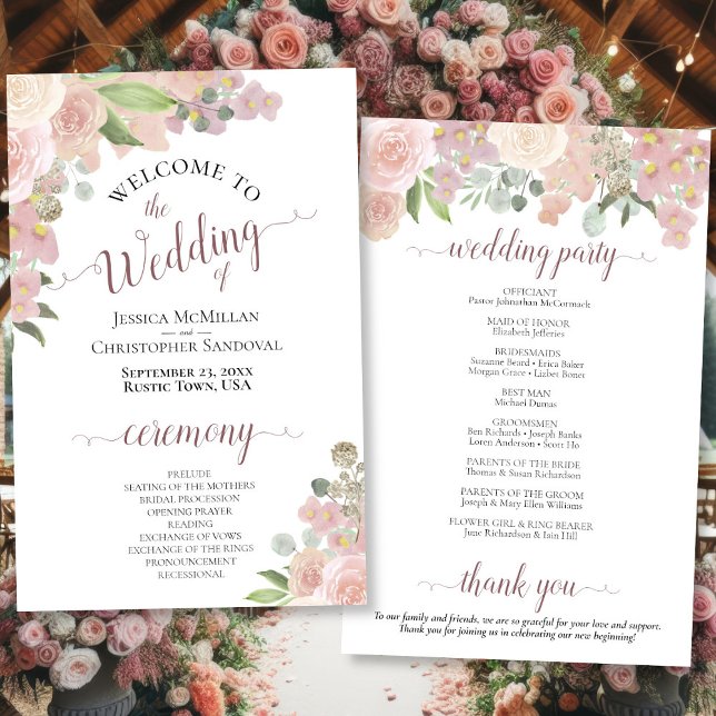 Programme de mariage du budget floral rose (Front/Back)