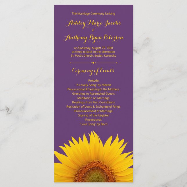 Programme de mariage du tournesol jaune violet (Devant)