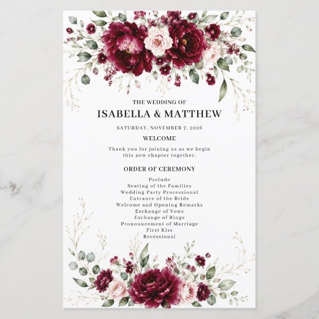 Programme de mariage élégant à la verdure florale  (Devant)