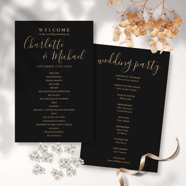 Programme de mariage élégant à l'écriture noire et (Elegant Black And Gold Script Wedding Program)