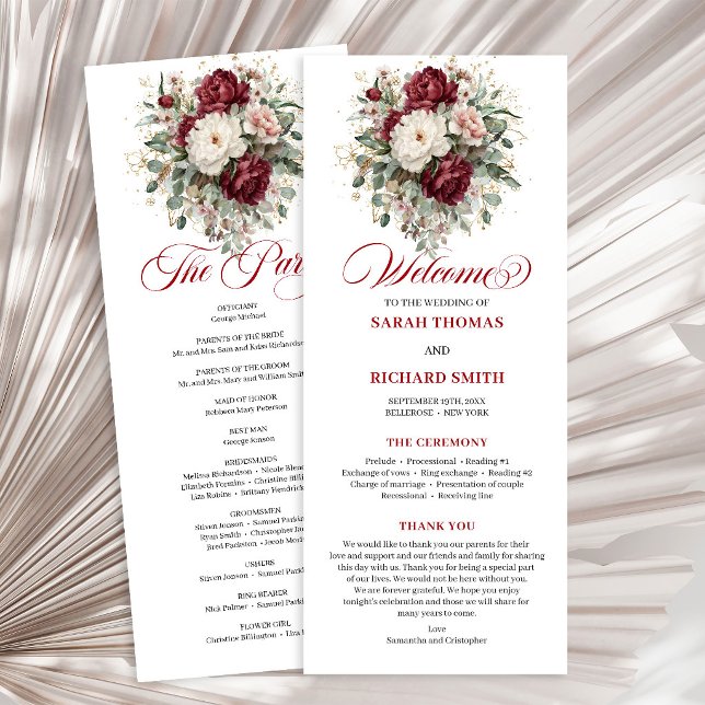 Programme de mariage élégant avec fleurs de Bourgo (Vintage Blush Burgundy Floral Wedding Program)