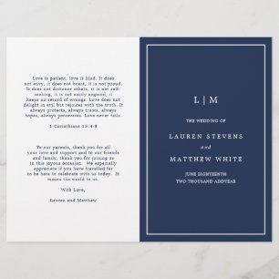 Programme de mariage élégant avec monogramme bleu 