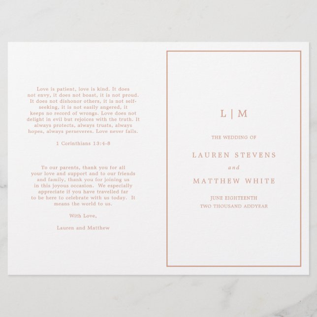 Programme de mariage élégant avec monogramme rose  (Devant)