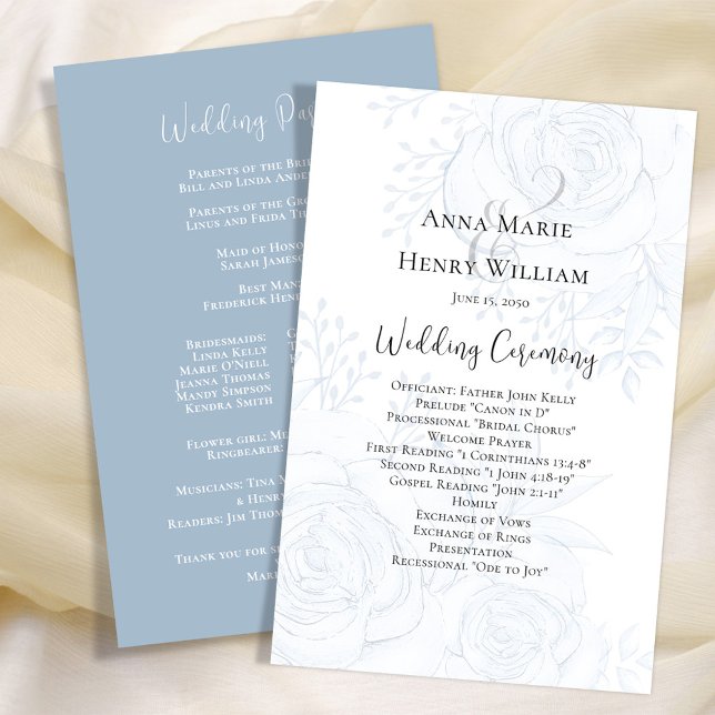 Programme de mariage Élégant Bleu Floral Script (Blue floral wedding ceremony paper sheet program with a dusty blue background. )