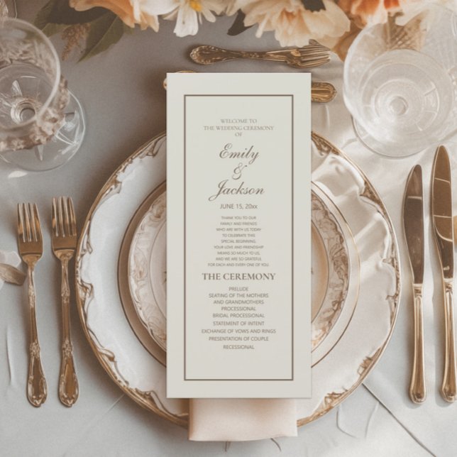 Programme de mariage élégant classique crème marro (Cream wedding menu with elegant brown text)