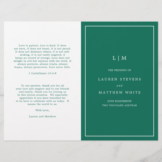 Programme de mariage élégant et simple vert émerau (Devant)