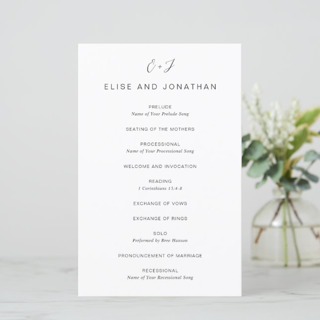 Programme de mariage élégant monogramme noir et bl (Debout devant)