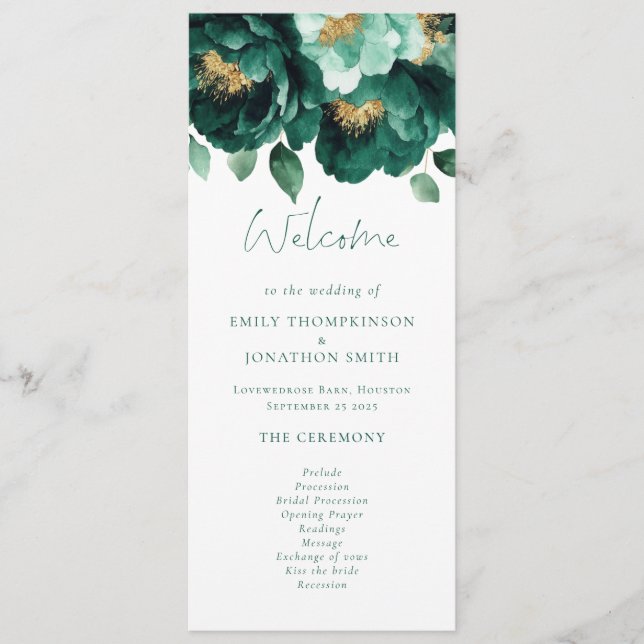 Programme de mariage Emerald and Gold Florals (Devant)
