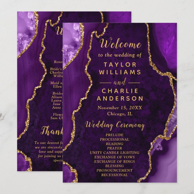 Programme de mariage en Agate Violet et Or (Devant / Derrière)