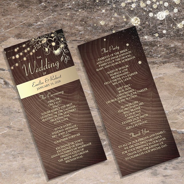 Programme de mariage en bois rustique avec guirlan (Créateur téléchargé)