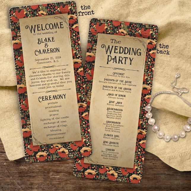 Programme de mariage en bois vintage avec coquelic (Créateur téléchargé)