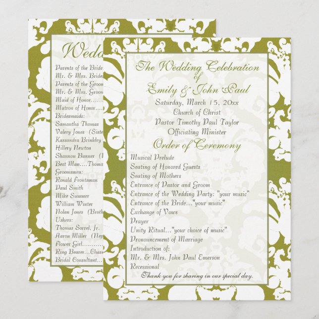 Programme de mariage en damas vert olive (Devant / Derrière)
