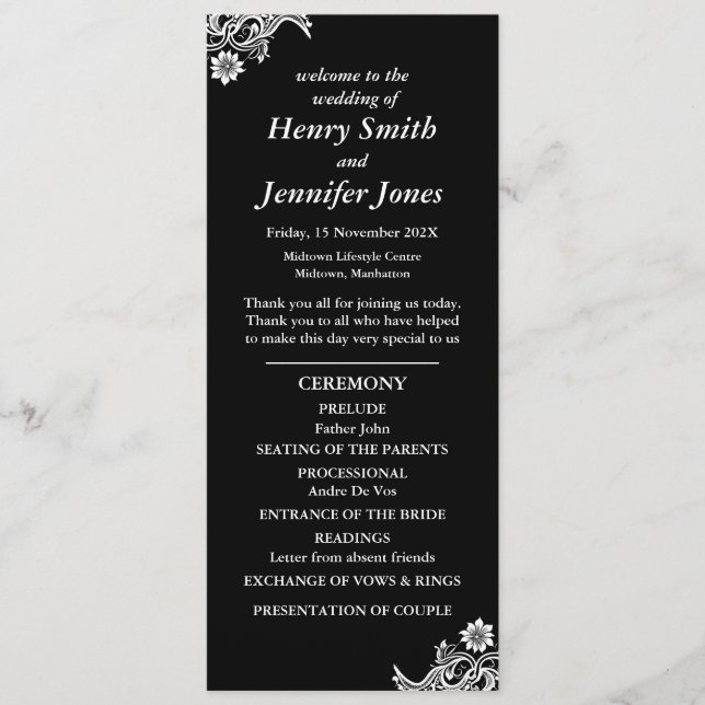 Programme de mariage en dentelle noire et blanche (Devant)