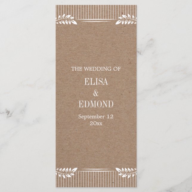 Programme de mariage en papier Kraft avec des feui (Devant)