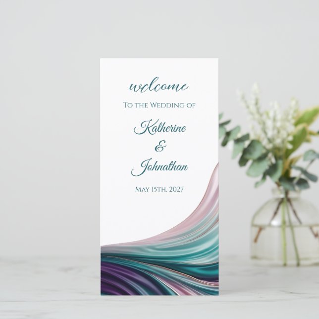 Programme de mariage en soie sarcelle et blush (Debout devant)