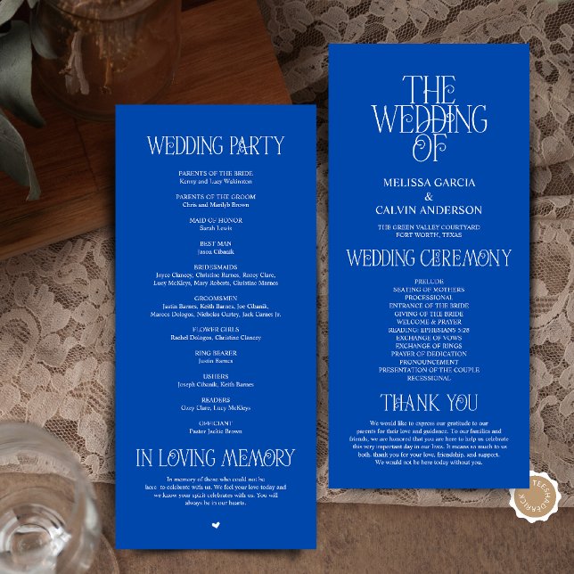 Programme de mariage en typographie bleu cobalt él (Elegant Cobalt Blue Typography Modern Romantic Wedding Program Card)