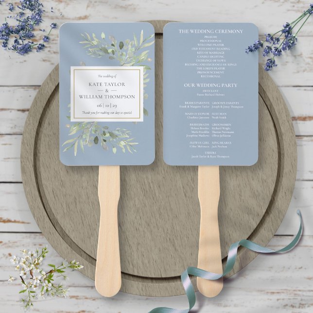Programme de mariage et éventail à main en bleu po (Dusty Blue Greenery Wedding Program Hand Fan)