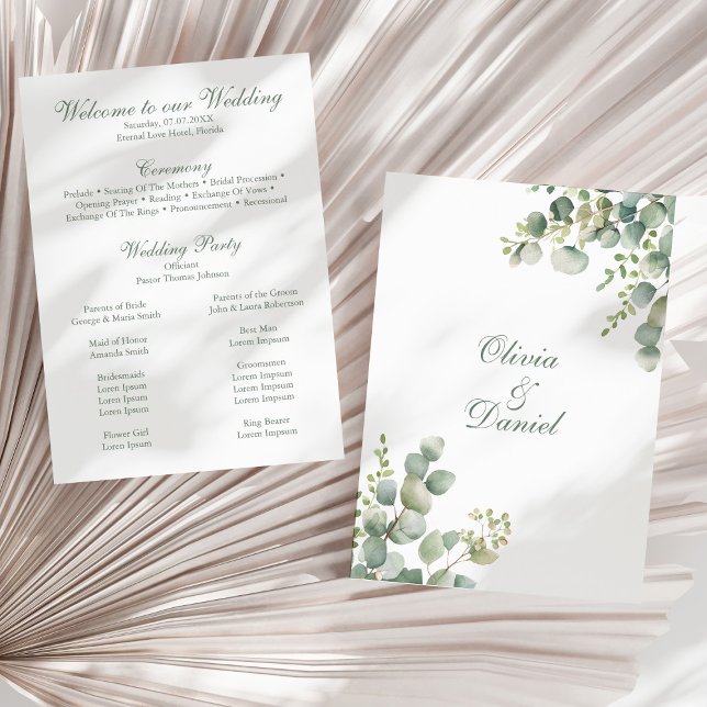 Programme de mariage Eucalyptus vert moderne (Modern Greenery Eucalyptus Wedding Program on a sunny dry palm leaf.)