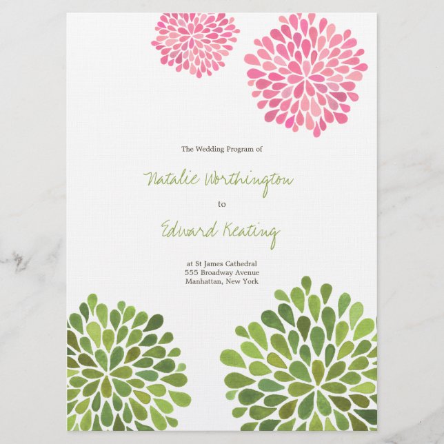 Programme de mariage Fleur rose verte en fleurs (Devant)