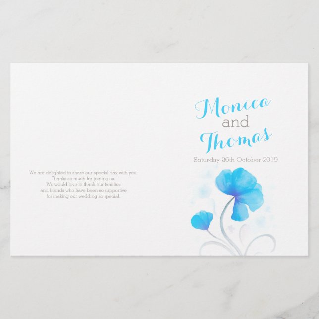 Programme de mariage fleur sauvage bleu gris aquar (Devant)