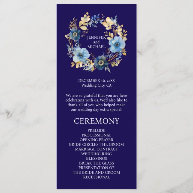 Programme de mariage Fleurs Bleu Nuit et Or (Devant)