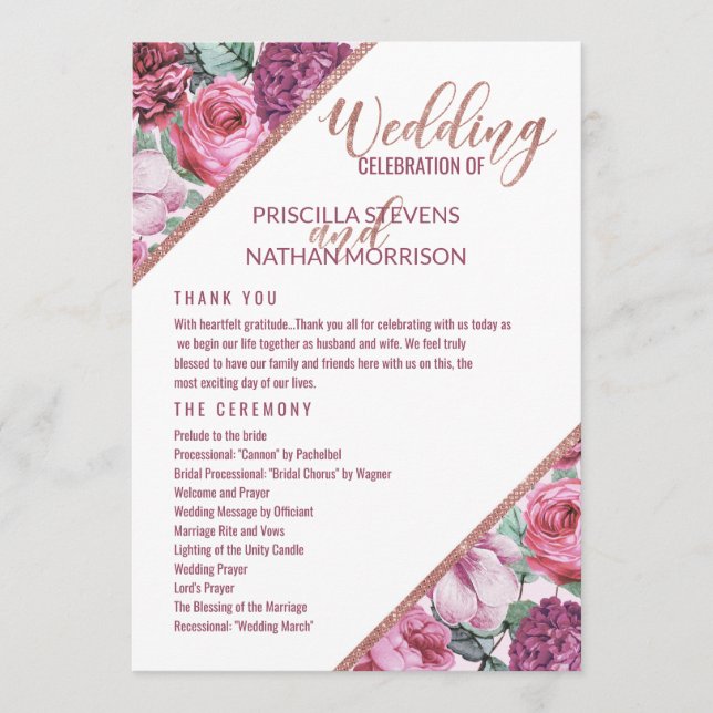 Programme de mariage Fleurs Rose Violet Or Rose (Devant)