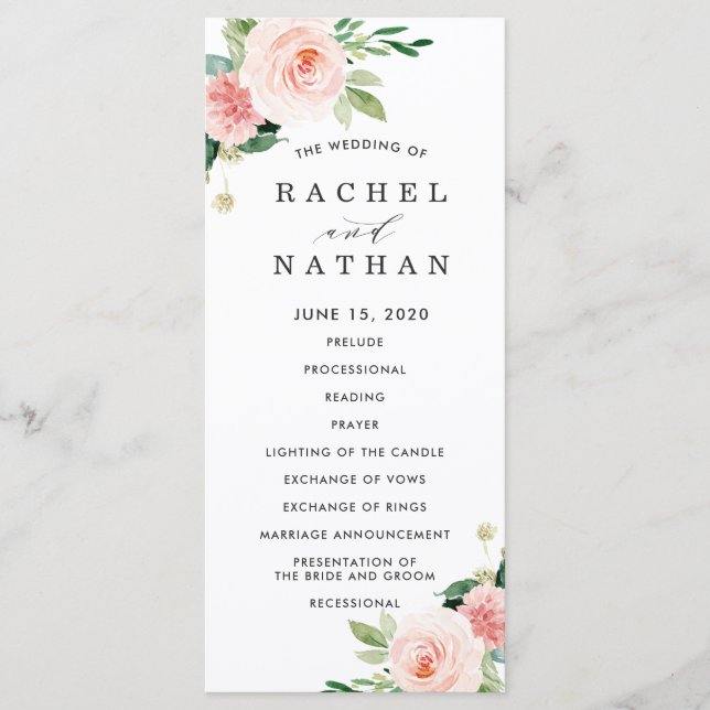 Programme de mariage floral à fleurs blanches rosé (Devant)