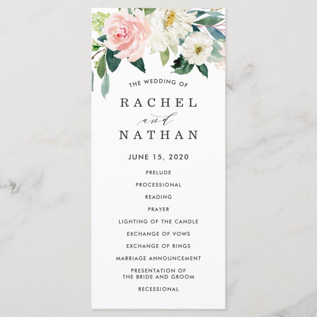 Programme de mariage floral à fleurs blanches rosé (Devant)