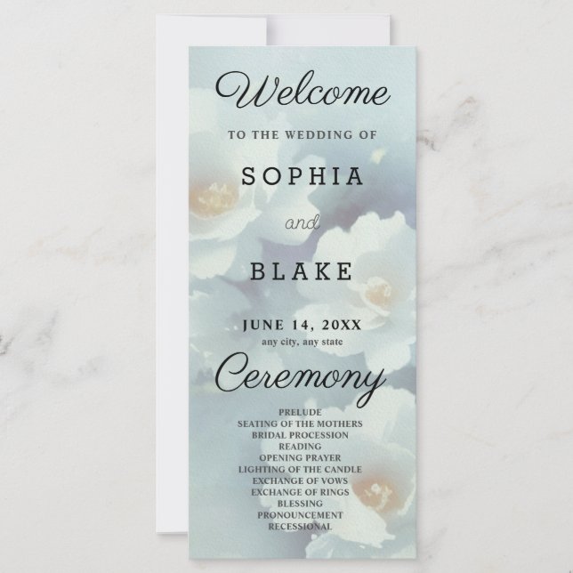 Programme de mariage floral blanc et bleu clair (Devant)