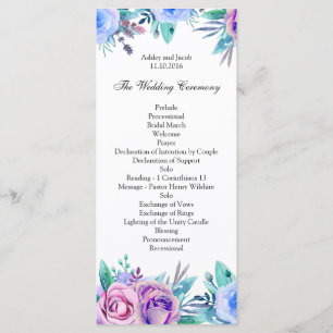 Programme de mariage floral bleu. Carte de cérémon